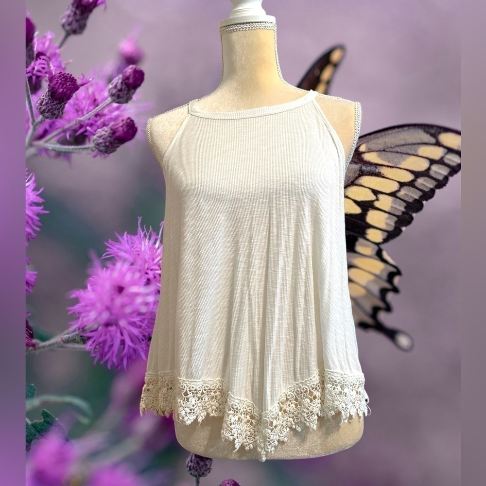 XS GB Off White Sheer High Low Tank Top Wmns Crochet Knit Bottom Accent Boatneck